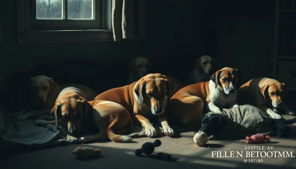 A group of six dogs, mostly brown and white with floppy ears, sit on a rug in a dimly lit room. They look sad and listless, with their heads down and ears drooping. The only source of light is a window, casting a warm glow on the dogs. There are dog toys scattered on the floor around them.