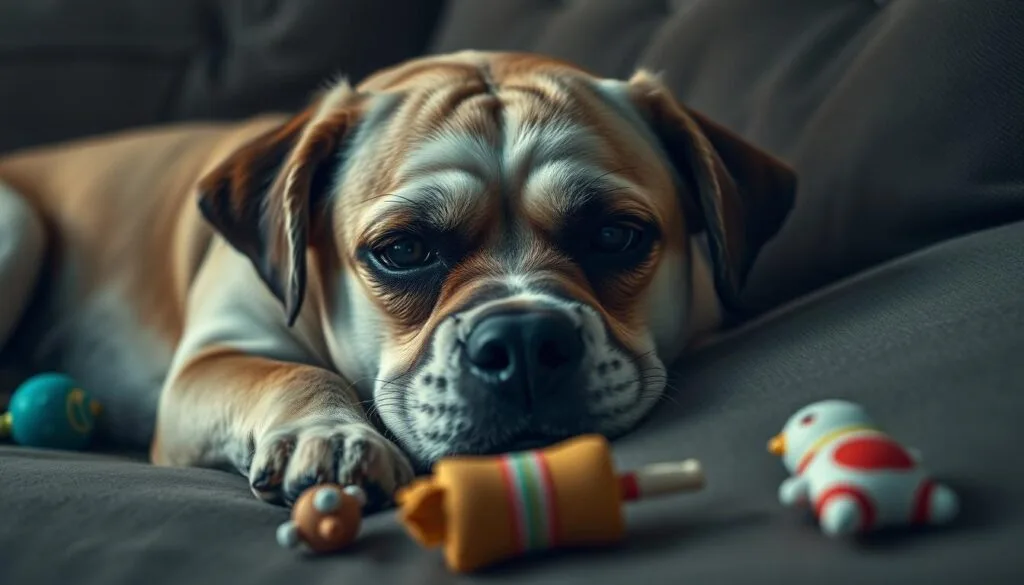 A small, tan and white dog with large, dark eyes lies on a couch. It looks sad and listless, with its head down and ears drooping. There are dog toys scattered around the floor, including a bone-shaped chew toy and a stuffed animal.